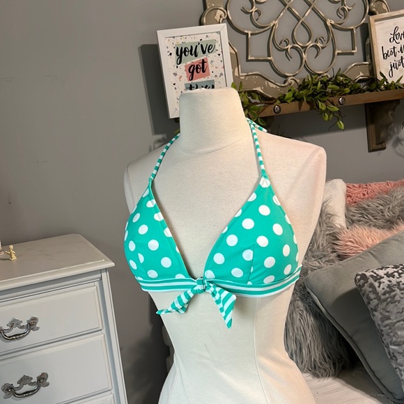 Victoria Secret Bikini Top Swimsuit Polka Dot Medium Green White  Tie Back - Picture 2 of 16